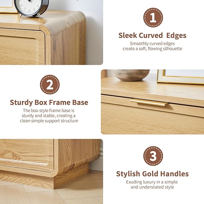 Modern Nightstand Set of 2 for Bedroom, 26'' Wide Wood 3 Drawers Bedside Table, Large Dresser w/Curved Profile Design, Side Table, End Table with Storage Drawers for Living Room, Entryway, Natural