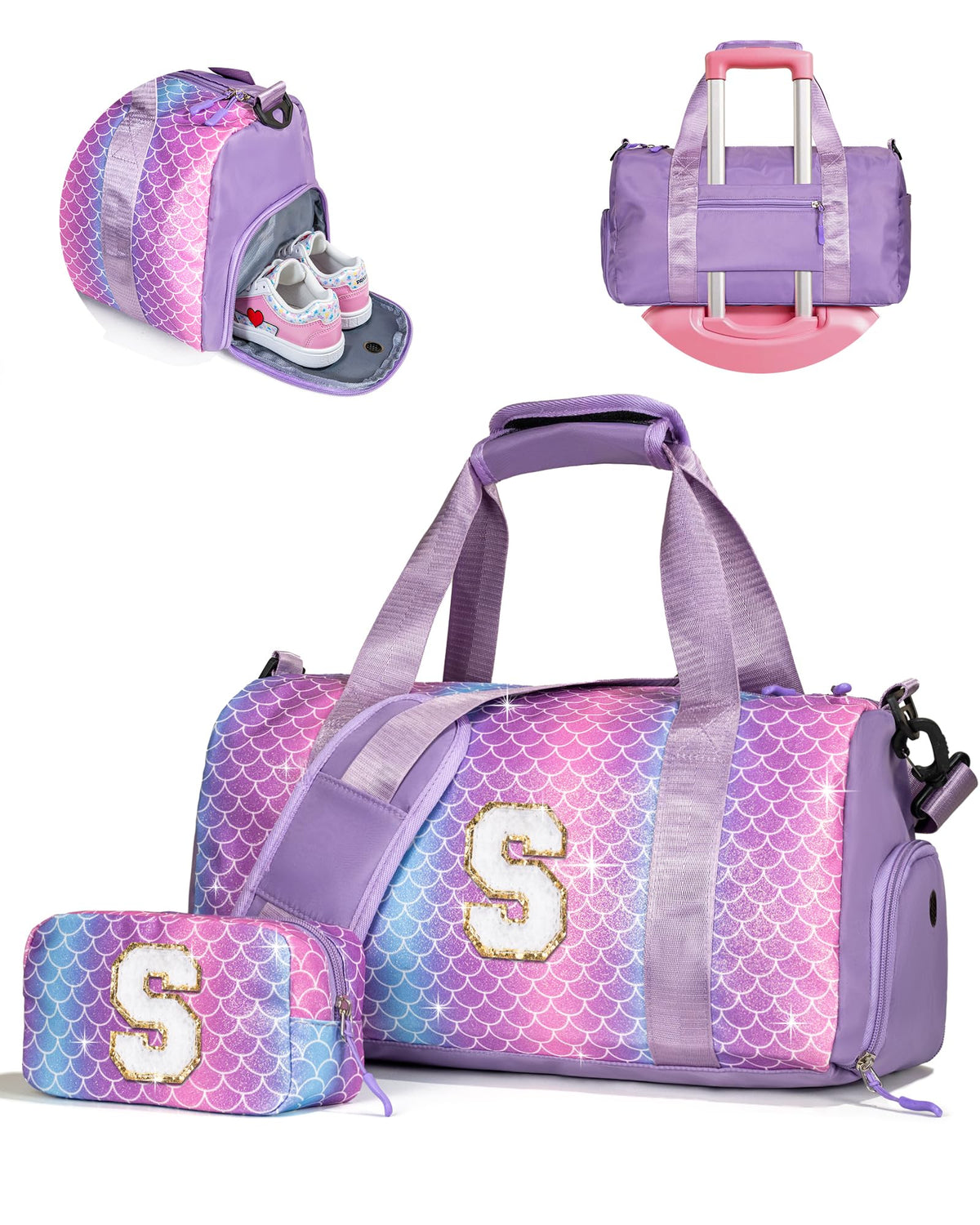 Vogewood Travel Stuff for Kids-Girl Gym Bag with Shoe Compartment, Kid Weekender Dance Bags, Initial Travel Tote with Makeup Pouch, Gift for 3 4 5 6 7 8 9 10 11 12 Year Old Girls (Letter S)