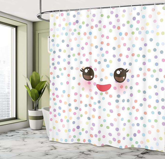 Ambesonne Eyelash Shower Curtain, Kawaii Funny Muzzle Pastel Tone Cheeks and Eyes on Colorful Polka Dots Backdrop, Cloth Fabric Bathroom Decor Set with Hooks, 69" W x 70" L, Brown Multicolor