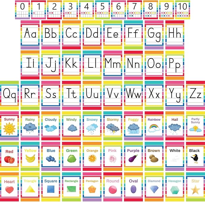 67 PCS Classroom Alphabet Number Educational Poster Cards with Weather Shape Color Learning Cards Decorations, Colorful Rainbow Bulletin Board Letter, School Home Wall Decor for Teacher