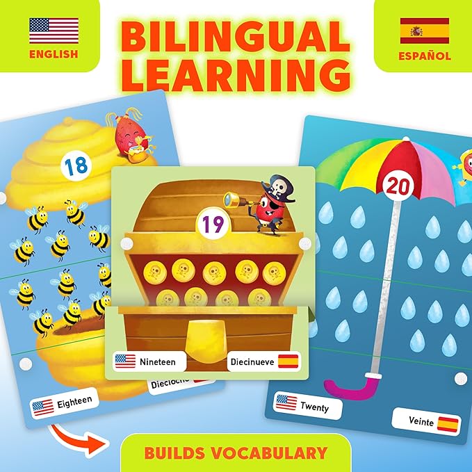 Kidrox Counting Flash Cards Learn to Count 1 to 20, English Number Learning Cards with Spanish Translations Included, Hook & Loop Fasteners