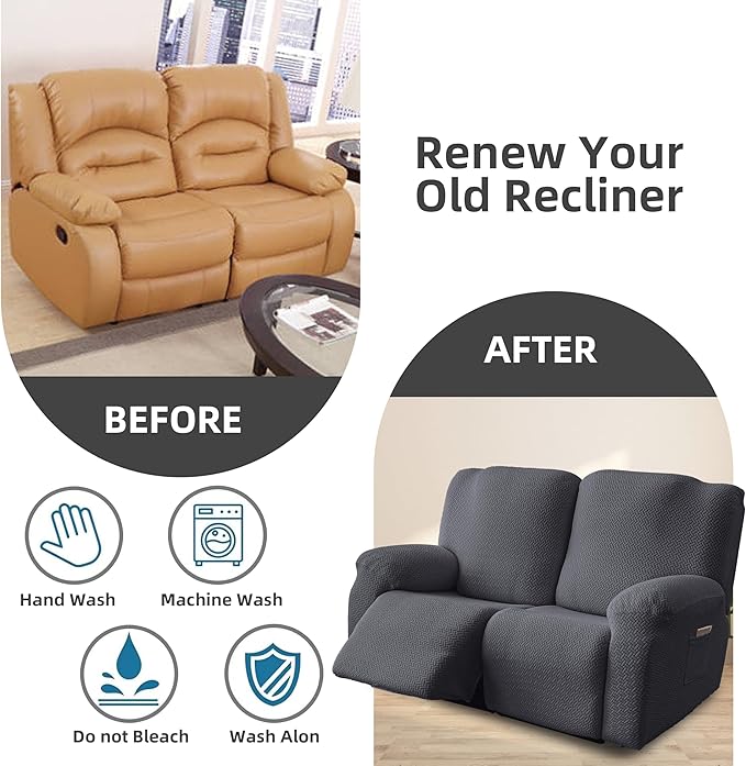 Genina Recliner Loveseat Covers, Stretch Reclining Sofa Covers, 2 Seater Couch Cushion Stripe Jacquard Recliner Slipcovers - Furniture Protector Covers for Pet Kid (Dark Gray)
