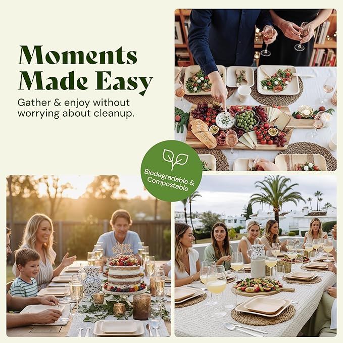 Chic Leaf Palm Leaf Compostable Plates - 6" Square, Pack of 50 - Disposable Dinnerware for Christmas Food, Rustic Bamboo Appetizer Plates - Charcuterie Boards & Biodegradable Serviceware