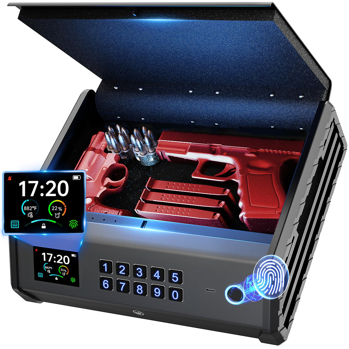 Gun Safe,3 Ways Biometric Pistol Safe with LCD Display of Temperature Humidity USB Port, Emergency Power Supply Gun Lock Box for Home Bedroom Bedside Nightstand and Car