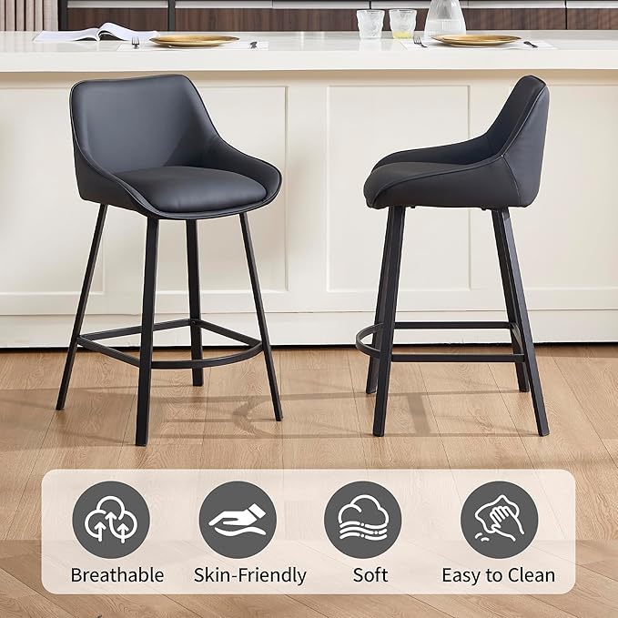 26" Modern Bar Stools Set of 2, Faux Leather Upholstered Bar Stools, Counter Height Bar Chairs with Back for Kitchen, Dining Room, Cafe, Bar - Black
