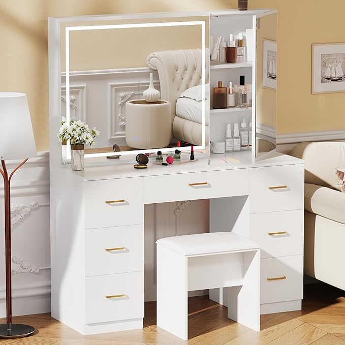 Vanity Desk with Mirror and Lights, Large Storage Makeup Vanity with 7 Drawers, White Vanity Desk Table with Side Glass Cabinet, Adjustable Brightness Vanity Set with Stool for Dressing Room