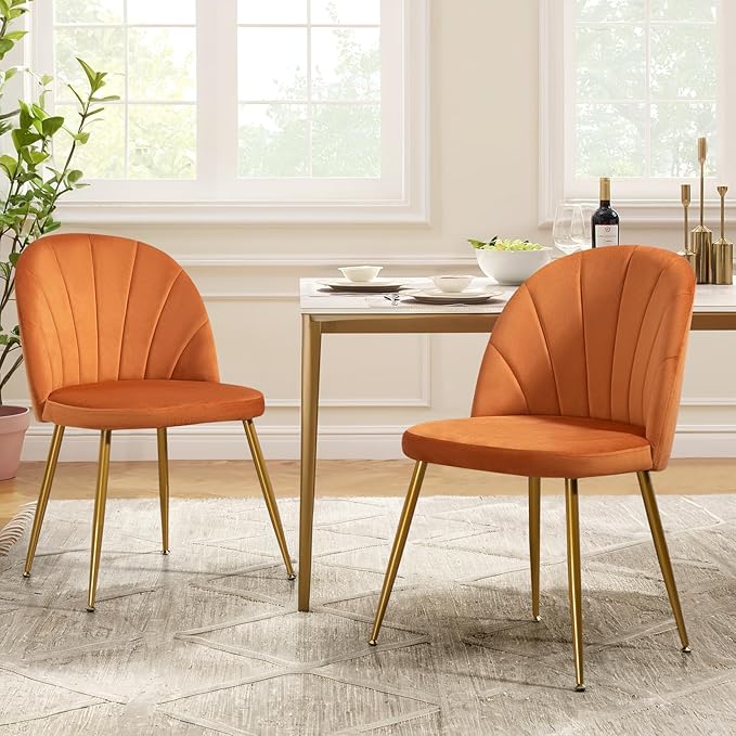 Velvet Dining Chairs Set of 4, Upholstered Mid Century Modern Dining Chairs, Armless Accent Chair with Metal Gold Legs for Living Room, Kitchen, Dining Room, Orange