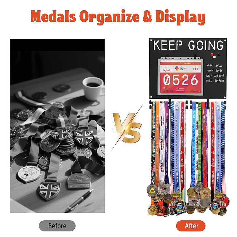 Puretalon Race Medal Display Heavy Duty Iron Bib and Medal Display for Runners Holds 50+ Medals & Race Bibs Marathon Medal Holder Wall Hanger Includes 10 Bib Storage Bags 1 Washable Marker 3 Magnets