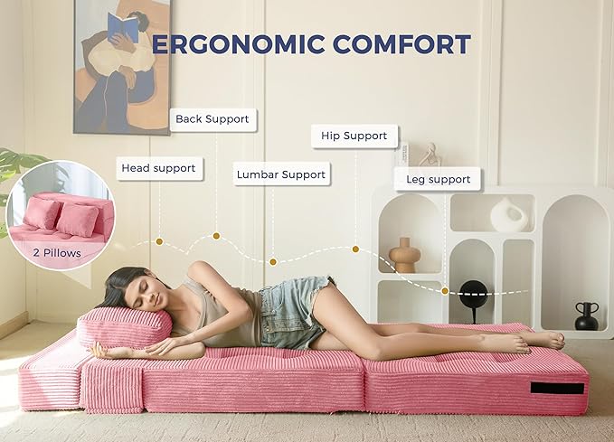 MAXYOYO Convertible Sofa Bed, Fold Out Sleeper Sofa with Pillow, 4 in 1 Tufted Folding Couch Bed Foam Floor Couch, Lazy Chair for Living Room Bedroom Guest Room, Pink