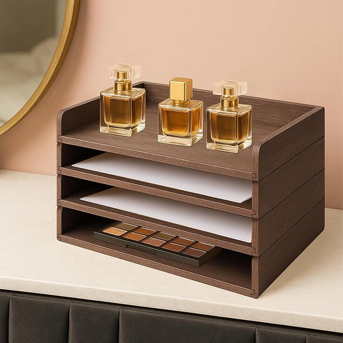PROLEE Wooden Paper Tray Organizer for Desk,Stackable Paper Holder and Letter Tray,4-Tier Desktop File Storage Rack for Study,Home and Office(Walnut,14" x 9.5" x 2.5")