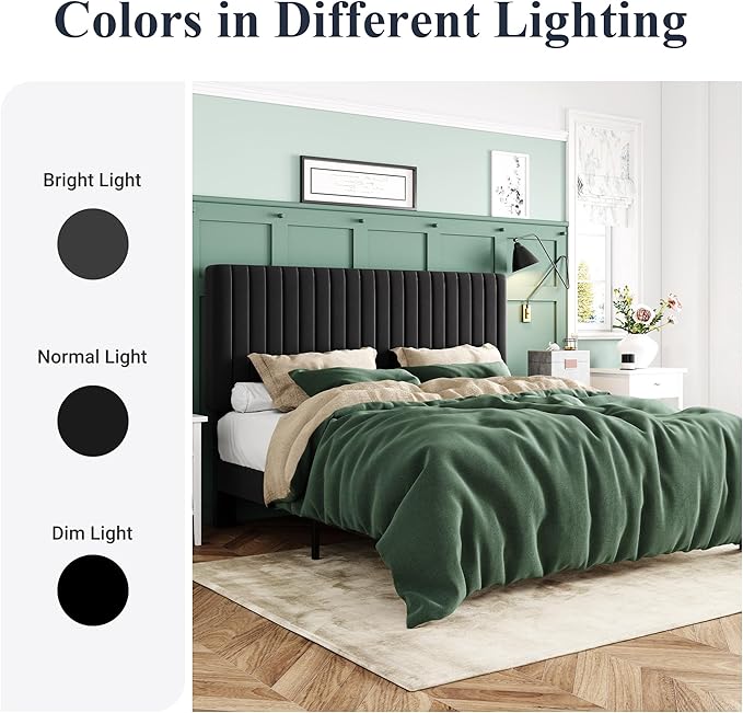 Allewie Full Bed Frame, Velvet Upholstered Platform Bed with Vertical Channel Tufted Headboard, Mattress Foundation with Strong Wooden Slats, Box Spring Optional, Easy Assembly, Black