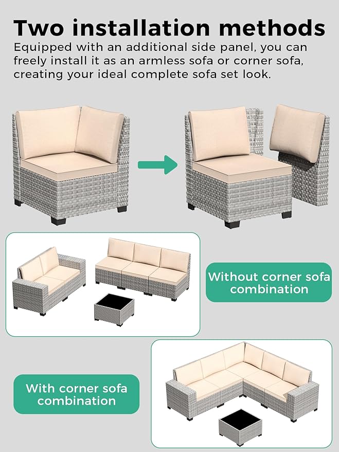 6 Piece Outdoor Wicker Rattan Sectional Sofa Set, 5-Seats Patio Furniture Conversation Set with 4" Thickened Cushions & Coffee Table, All-Weather PE Rattan for Garden, Backyard, Porch, Beige