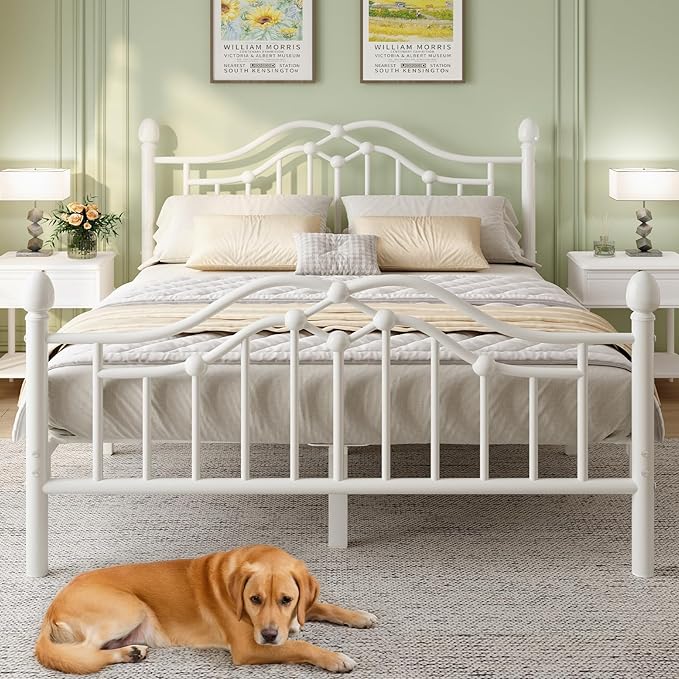 Queen Size Bed Frame, Metal Platform Bed with Victorian Headboard and Footboard, Strong Metal Slats Support, Mattress Foundation No Box Spring Needed, Easy Assembly, Noise Free, White