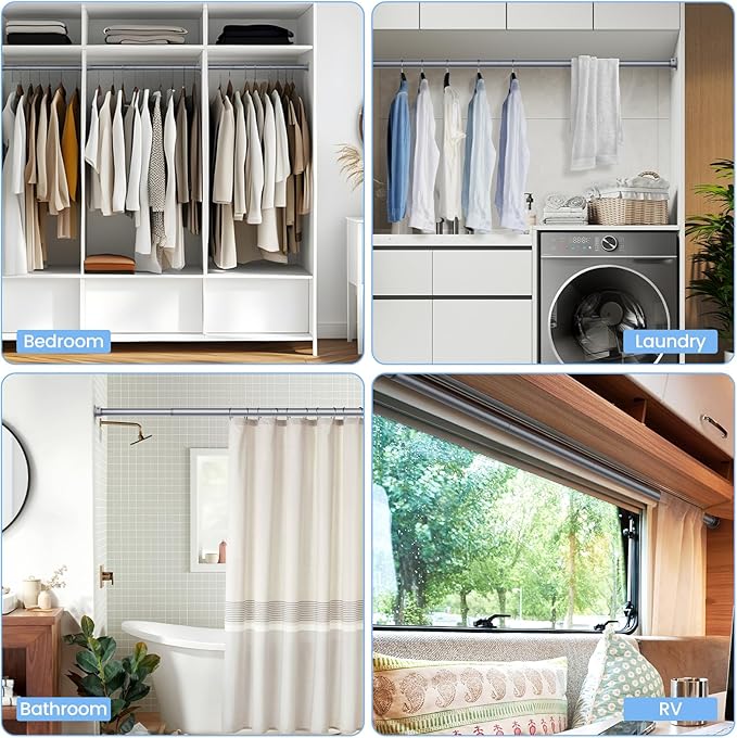 Closet Rods for Hanging Clothes, 17 to 69 Inches No-Cut Stepless Adjustable Closet Rod, 1.3 Inches Expandable Metal Heavy Duty Closet Hanging Rod for Closet Wardrobe Bathroom Laundry RV, Silver