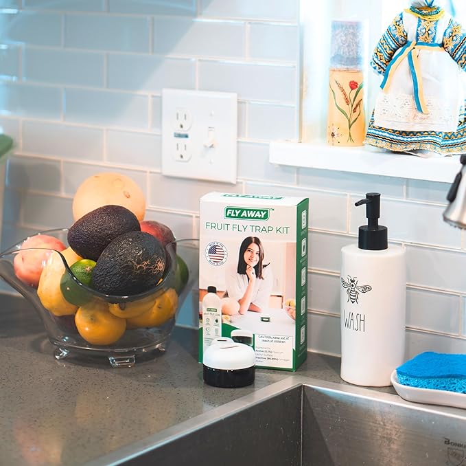 Fly Away - Fruit Fly Trap Kit: 3X Reusable Fruit Fly Traps for Indoors + 12 oz. Liquid Bait. Fast Acting. Attractive Design, Perfect for Homes, Bars and Restaurants. 270+ Day Supply. Made in USA