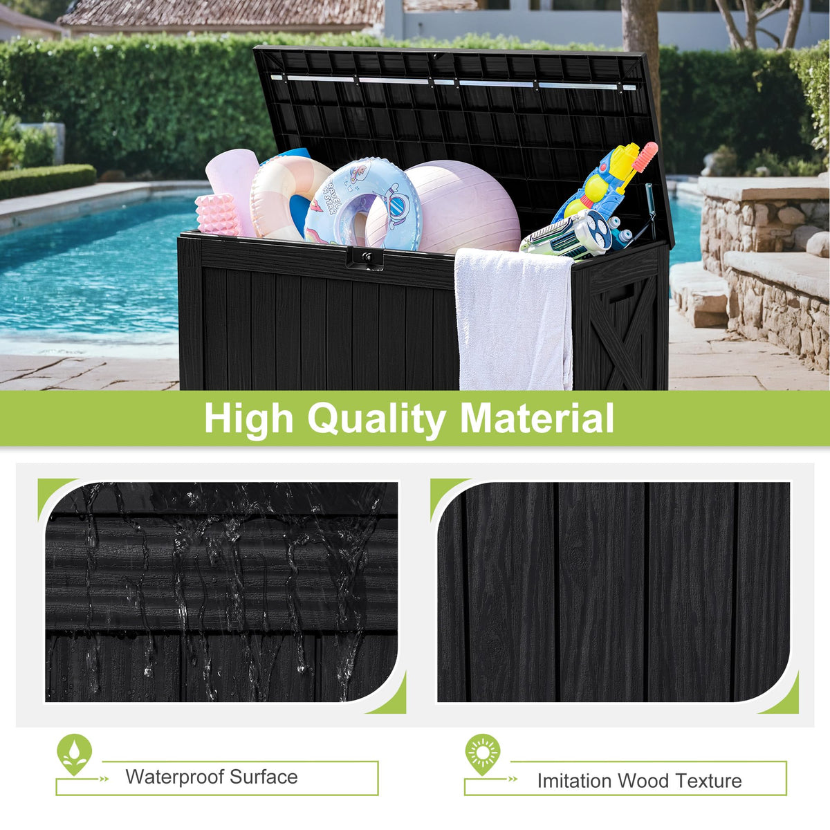 Greesum 120 Gallon Deck Box, Resin Outdoor Storage Container for Patio Furniture, Garden Tools, Pool Accessories, Weatherproof, Lockable, Black