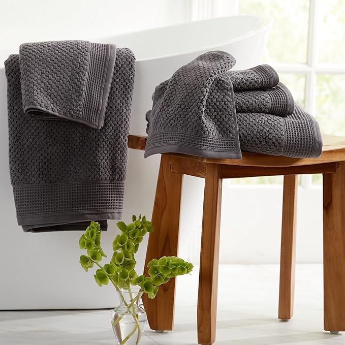Market & Place 100% Cotton Waffle Textured Bath Towels Set of 4 | Super Soft Quick Dry Bath Towels | Decorative Towels for Bathroom | Belle Collection (Charcoal)
