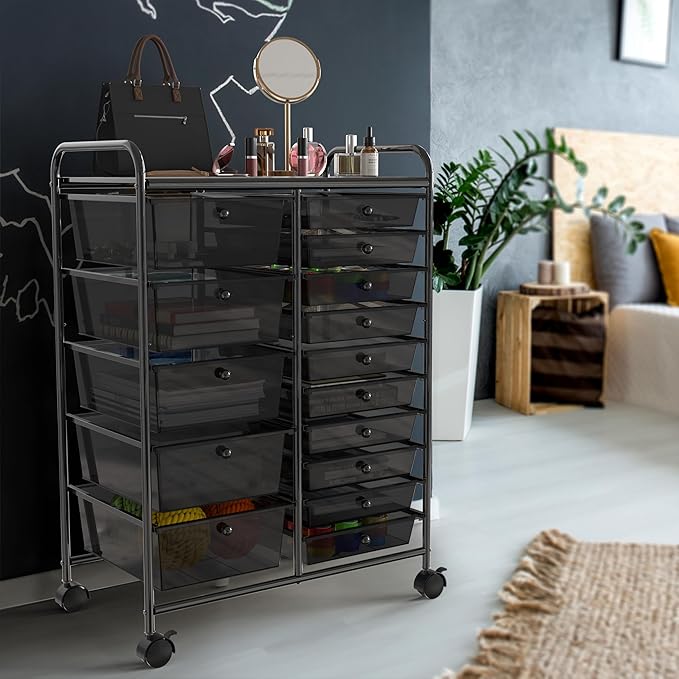 Simple Houseware Utility Cart with 15 Drawers Rolling Storage Art Craft Organizer, Black