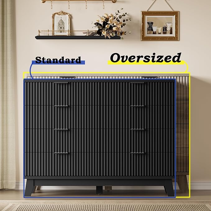 Fluted 8 Drawer Tall Dresser, 47.2" Wide Modern Boho Chest of Drawers, Wooden Storage Dresser TV Stand for Bedroom, Living Room, Closet, Hallway, Curved Profile Design