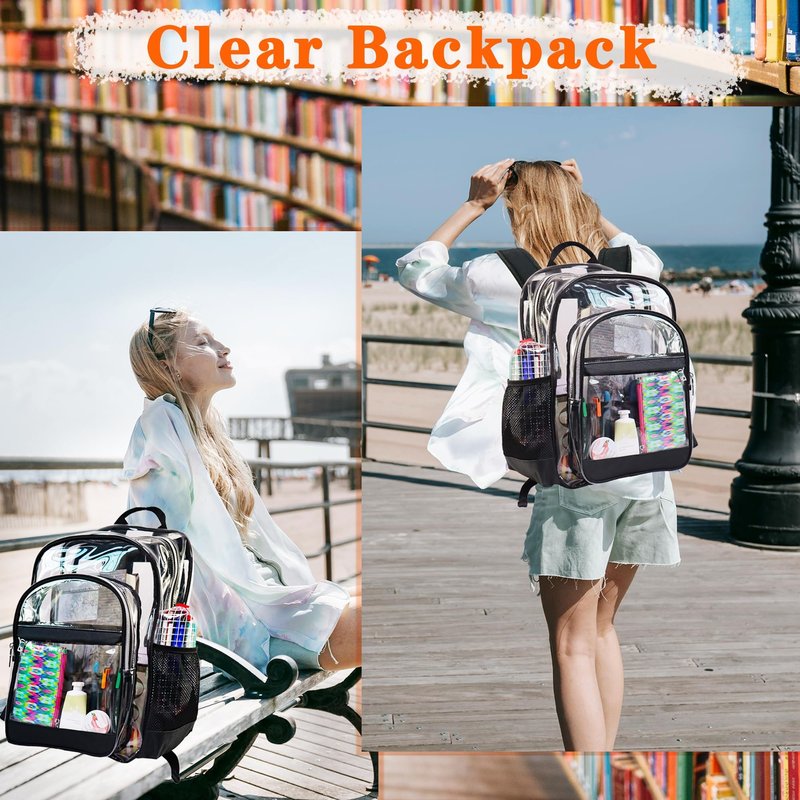 GiMiUiTo Clear Backpack,Heavy Duty Clear Bookbag See Through Backpack Large Clear Bag for School College Work Travel Security,Black
