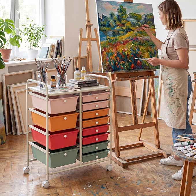 COSTWAY 12 Drawer Rolling Storage Cart, Mobile Utility Cart with Metal Frame, Art Supply Craft Organizer, Multipurpose Storage Organizer for Paper, Office, School Teacher, Classroom, Macaron