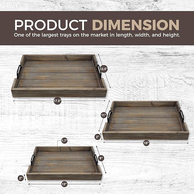 3 Pie­ce Decorative Nested Vintage Wood Serving Tray Set for Coffee Table or Ottoman – Rustic Wooden Breakfast Trays for Kitchen, Dining Room, or Living Room – Farmhouse Platter w/Handles - Barnwood