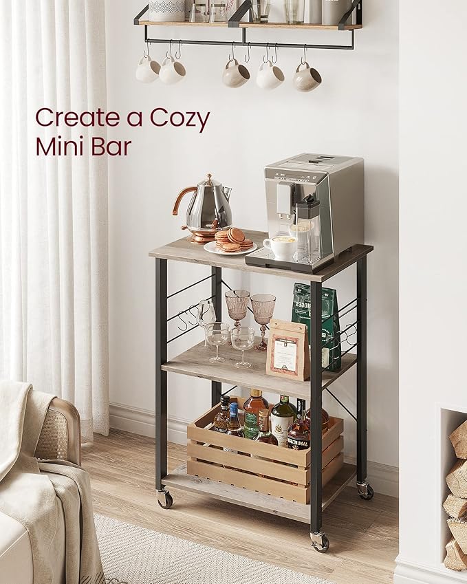 VASAGLE Kitchen Shelf on Wheels, 23.6 Inches Serving Cart with 3 Shelves, Kitchen Cart, Microwave Shelf, for Mini Oven, Toaster, with 6 Hooks, Industrial Style, Heather Greige and Ink Black UKKS060B02