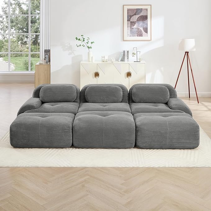 Gray Ottoman for Modular Sectional Sofa, Corduroy Deep Seat for Oversized Compressed Boneless Sectional Couches for Living Room Bedroom Apartment, Cloud Sofa Couch Set, Memory Foam, No Assembly