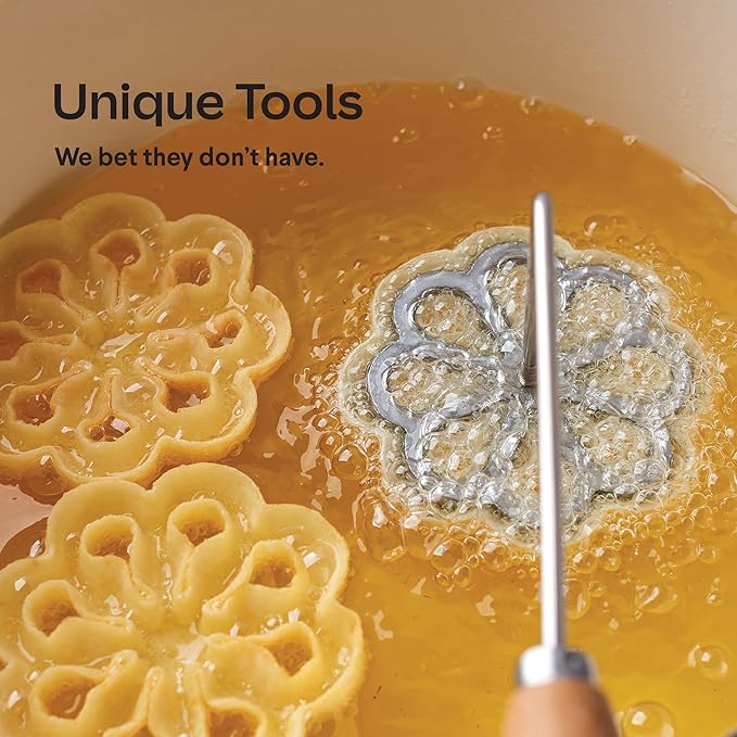 Swedish Rosette Iron Set with Handle Cooking Gifts – Rosette Maker & Bunuelos Mold Valentine's Day Baking Essentials | Funnel Cake Maker & Waffle Iron Kit – Rosettes Unique Baking Gift Set for Women