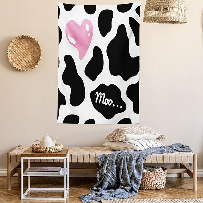 Ambesonne Cow Print Tapestry Queen Size, Camouflage Hide Skin Pattern in Pastel Color Shades Heart Shape Moo, Wall Hanging Bedspread Bed Cover Wall Decor, Queen Size, Pink Black White