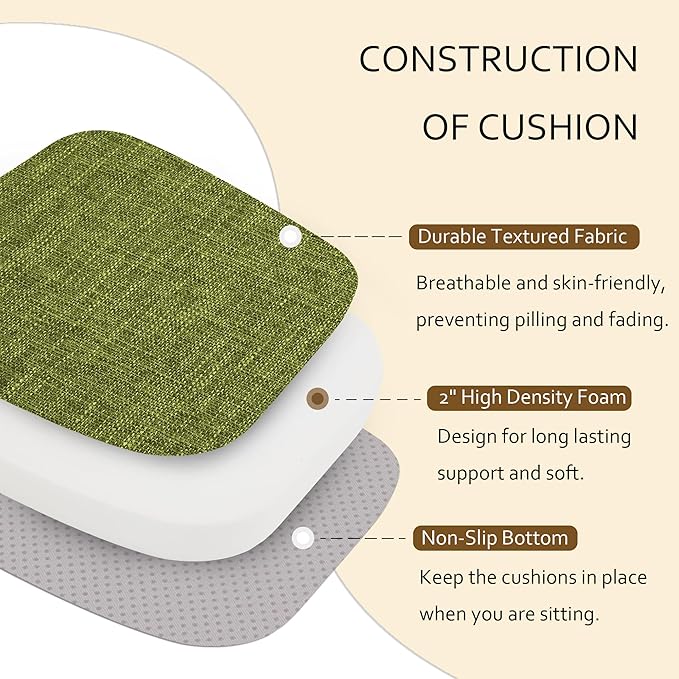 ELFJOY Chair Cushions for Dining Chairs Non Slip Chair Pads Set of 4 Seat Cushions with Ties Indoor 16.7" x 16" Green