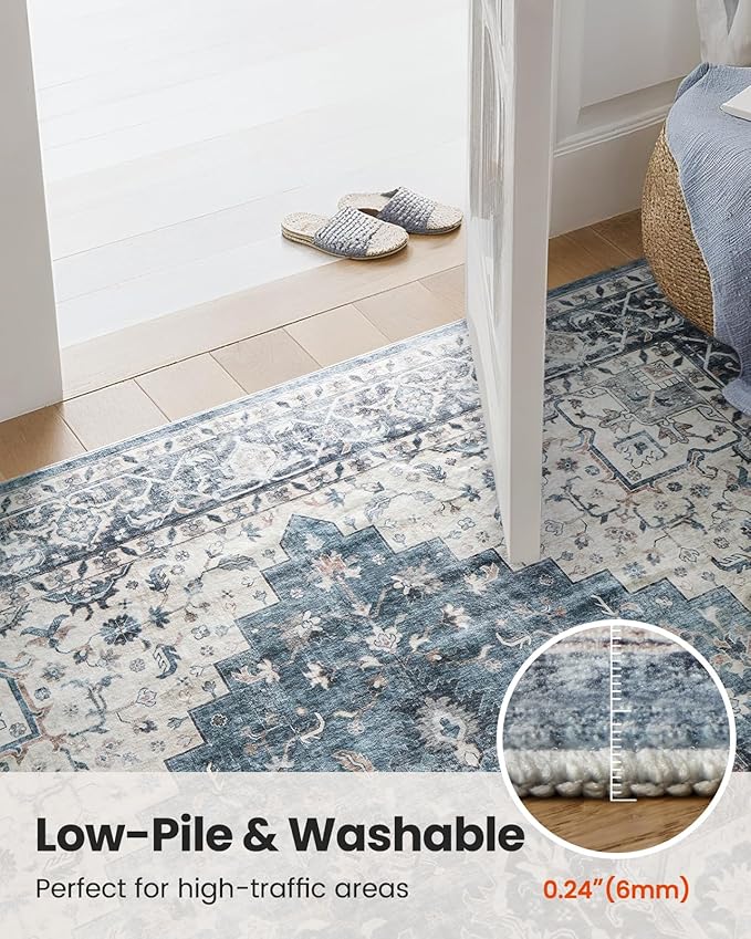 AMADA HOMEFURNISHING 4ft Round Area Rug, Low-Profile Washable 4x4 Rugs with Non-Slip Backing & Durable Edge Binding, Vintage Rug for Kitchen, Bedroom & Hallway, Blue