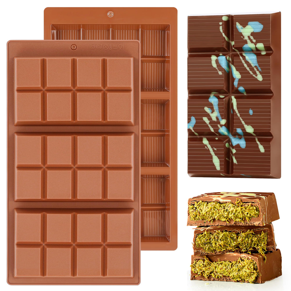 KASHME 2 Pcs Chocolate Bar Mold Deep Dubai 0.85 Inch Stuffed Chocolate Molds Silicone Large Break Apart Silicone Molds (10 Snap + 5 Snap）