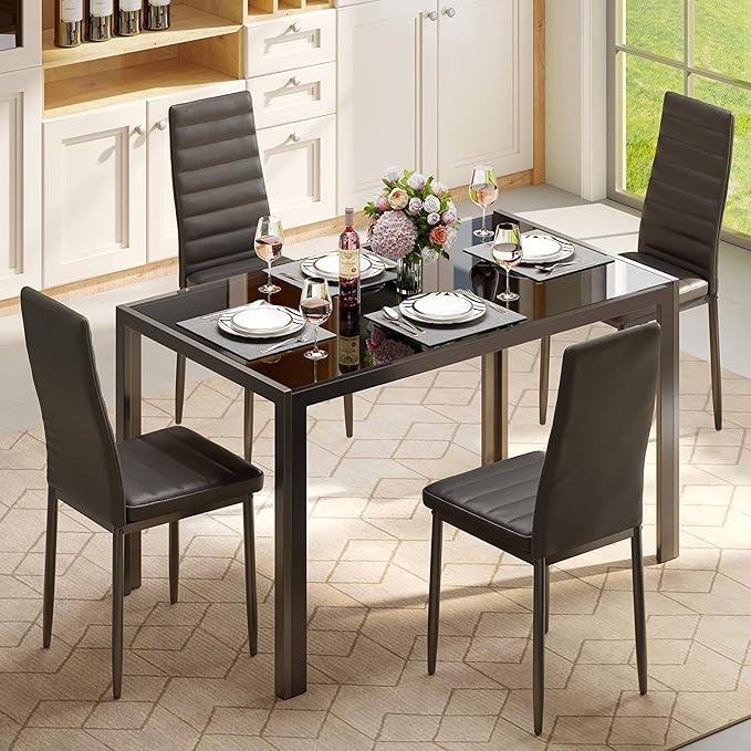 Gizoon 5 Piece Glass Dining Table Set, Kitchen and Chairs for 4, PU Leather Modern Room Sets for Home, Kitchen, Living Room