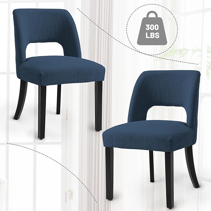 VKNOW Wooden Dining Chairs Set of 4, Modern Fabric Upholstered Dining Room Chair Kitchen Chairs, Farmhouse Dinner Chair for Kitchen Dining Room, Blue-Black Legs