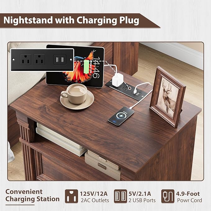Walnut Nightstand with Charging Station, Farmhouse End Table with 2 Drawers and Storage Shelf, Wooden Bedside Table with Metal Handles, Vintage Design, Organizer for Bedroom, Hallway