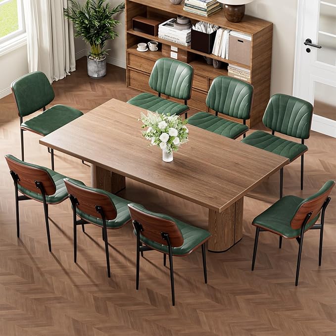Dining Chairs Set of 8, Mid-Century Modern Upholstered PU Leather Chairs with Walnut Bentwood Back and Metal Legs Adjustable Feet for Kitchen Dining Room, Dark Green Shell Strips