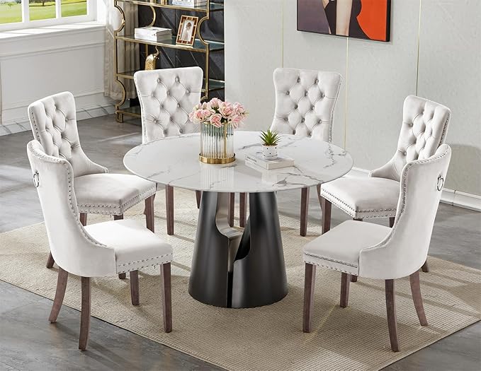 7-Piece Faux Marble Round Dining Table Set for 6, Modern Luxury Kitchen Table Set for 6 with Beige Tufted Chairs,Circle Dining Tables with White Marble Grain Top and Black Pedestal Base