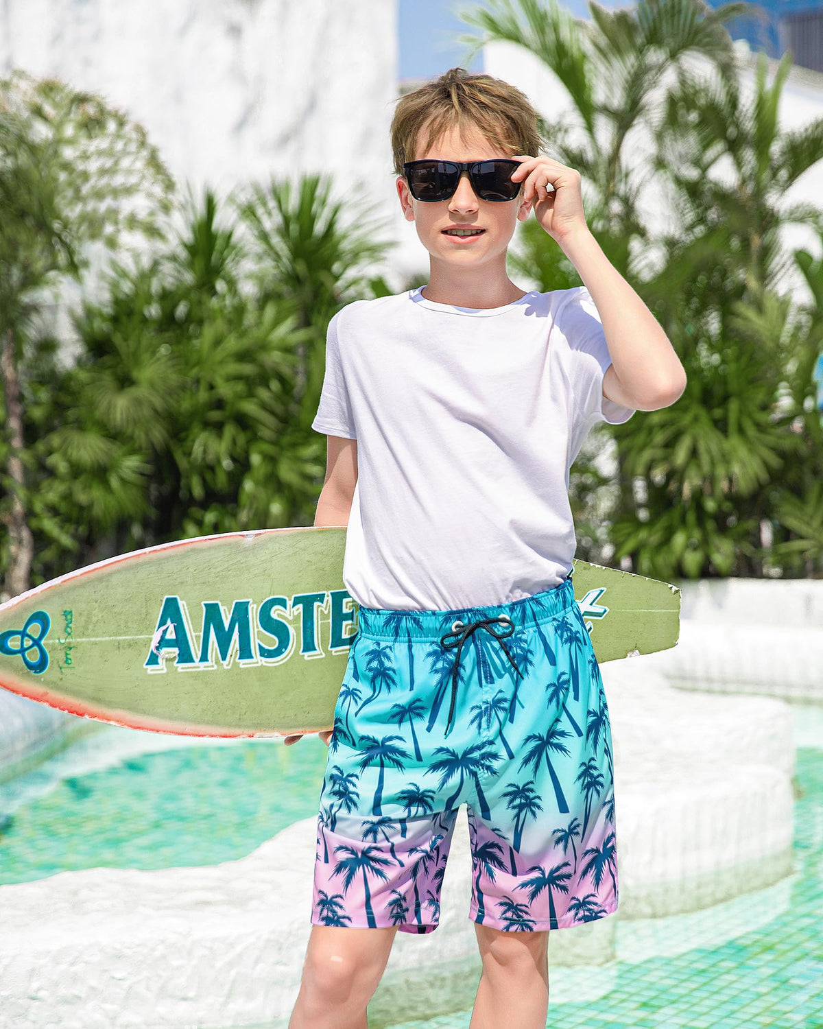 OlyPegic Boys Swim Trunks Size 10-12, Boy Swim Shorts Boy Bathing Suit Swimsuit Kids Swimwear Board Shorts with Boxer Brief Liner Compression Toddler Beach Running Swim Trunks (Coconut Tree)