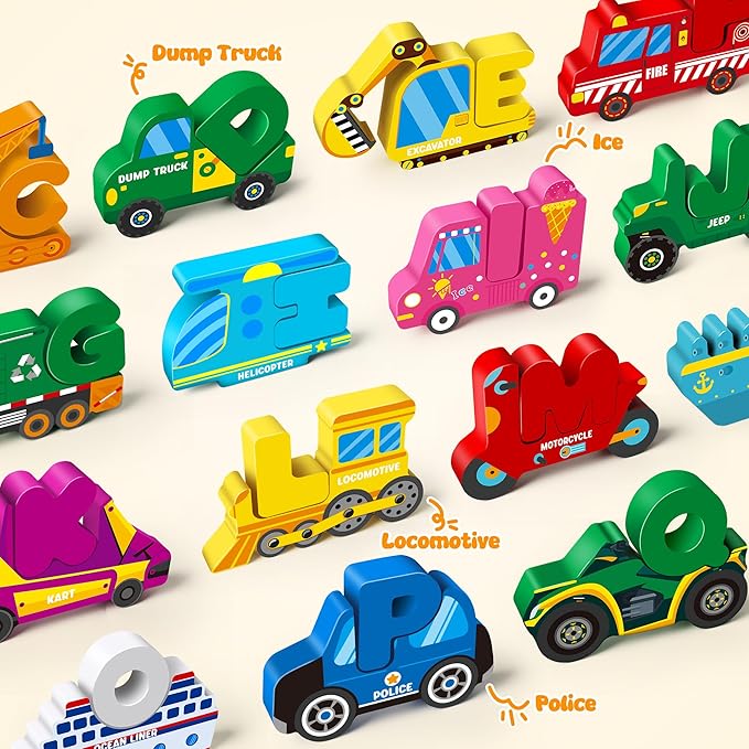 Vanmor Wooden Vehicle Alphabet Puzzle for Toddlers, Traffic ABC Letter Sight Words Matching Game with 52 Blocks and Flash Cards, Montessori Spelling Game Learning Toys, Easter Basket Stuffers for Kids