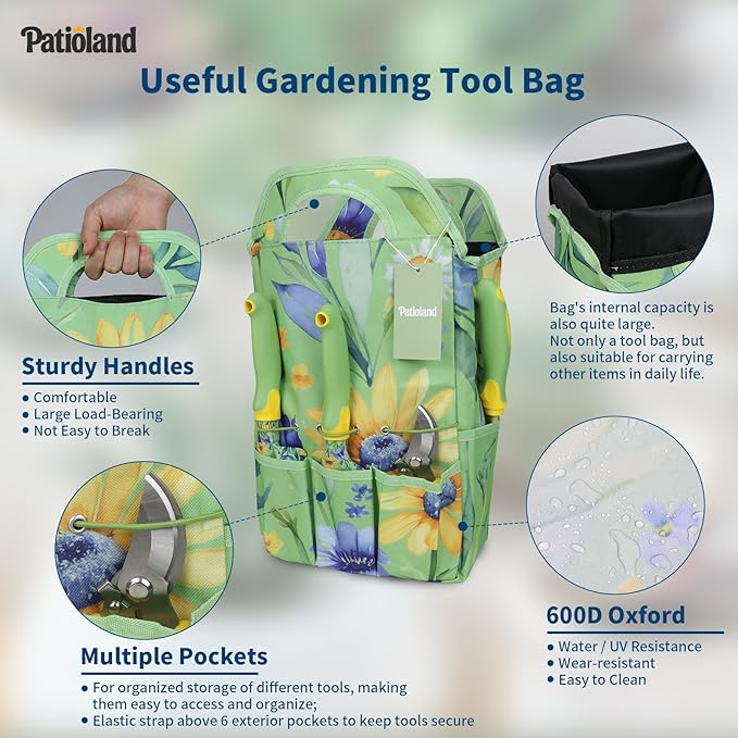 10 Piece Garden Tools Set, Gardening Hand Tools Kit with Heavy Duty Rust-Proof Aluminum Tools, Organizer Tote Bag, Apron, Gloves & Kneeling Pad, Ideal Gardening Gifts for Women, Mom, Grandma & Wife