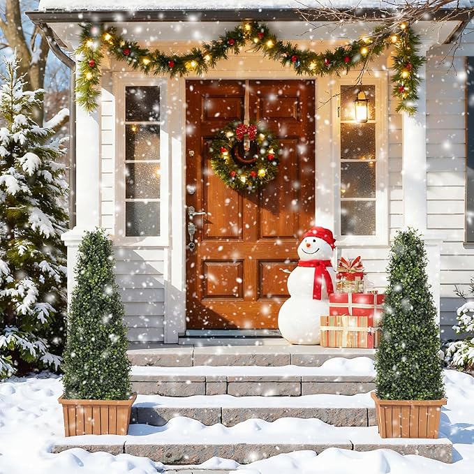 4ft Artificial Boxwood Topiary Trees (Set of 2) - UV Resistant Faux Plants Outdoor, Realistic 48in Fake Potted Bushes and Shrubs for Front Porch, Planter, Patio - Low Maintenance & Evergreen