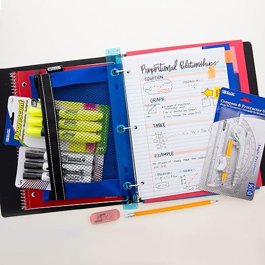 BAZIC PRODUCTS Middle & High School Kit Supply Box, 65-Count Student Set for Grades 7–12, Complete School Supply Kit with Middle School Supplies, Organized Supply Box for Highschool, 1-Pack