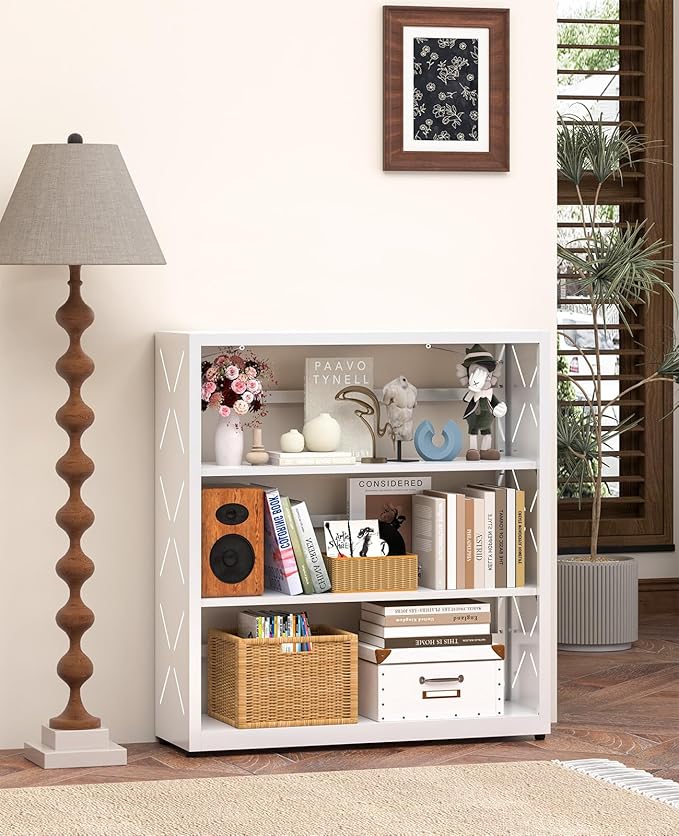 Book Shelf, 3-Tier Steel Bookcase Adjustable with Anti-Tip Device & Leveling Feet, Heavy-Duty Metal Storage Organizer, Modern Corner Shelves for Kitchen, Garage, Home Office - White