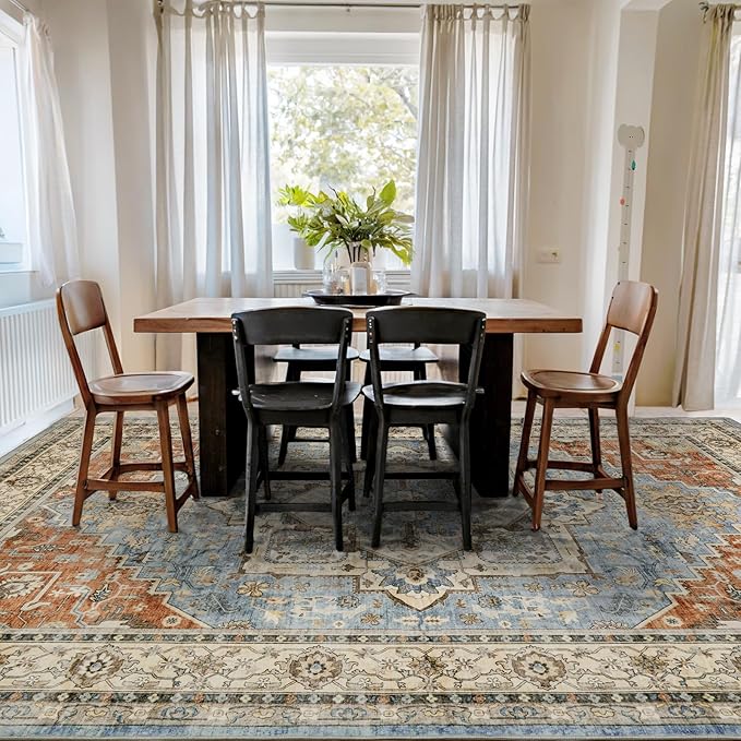 Area Rugs for Living Room 6x9 - Machine Washable Vintage Oriental Soft Rug, Low Pile Thin Floor Carpet with Non Slip Backing for Bedroom, Dorm, Under Dining Room Table, Indoor House, Office Decor