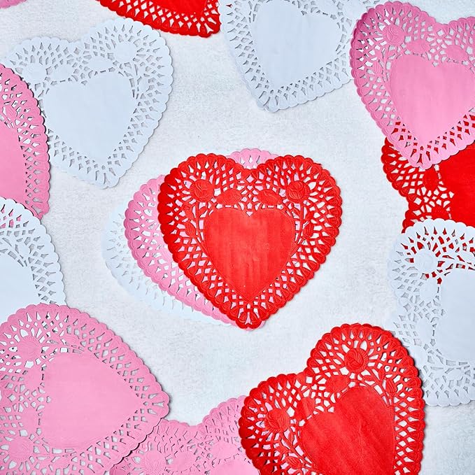 JOYIN 102 PCS 10" Valentines Day Heart Doilies, Tableware Decoration, Home Activitie, Kitchen Disposable Table Crafts, Red White Pink Heart Doilies