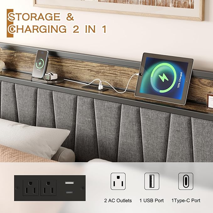 Queen Bed Frame with Storage Drawers and Charging Station, Upholstered Headboard Metal Platform Bed with USB Ports, No Box Spring Needed, Easy Assembly, Dark Brown