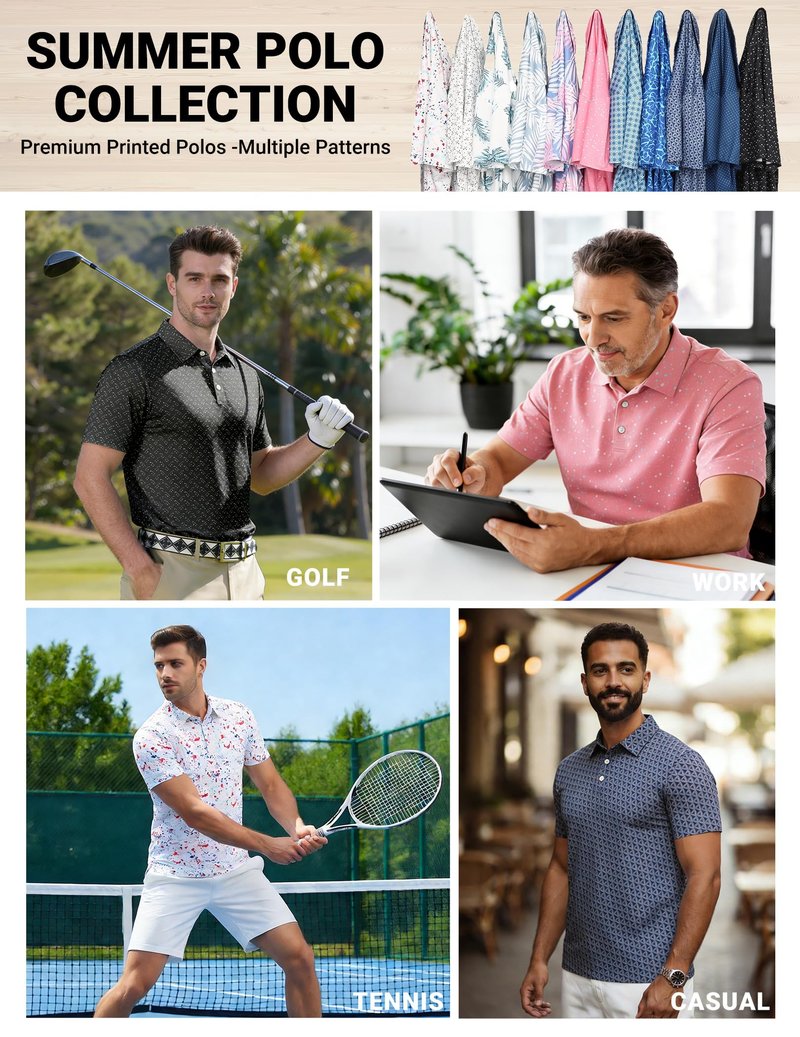 COOFANDY Men's Golf Polo Shirts Short Sleeve Quick Dry Performance Moisture Wicking Golf Shirts Casual Print Collared Shirt