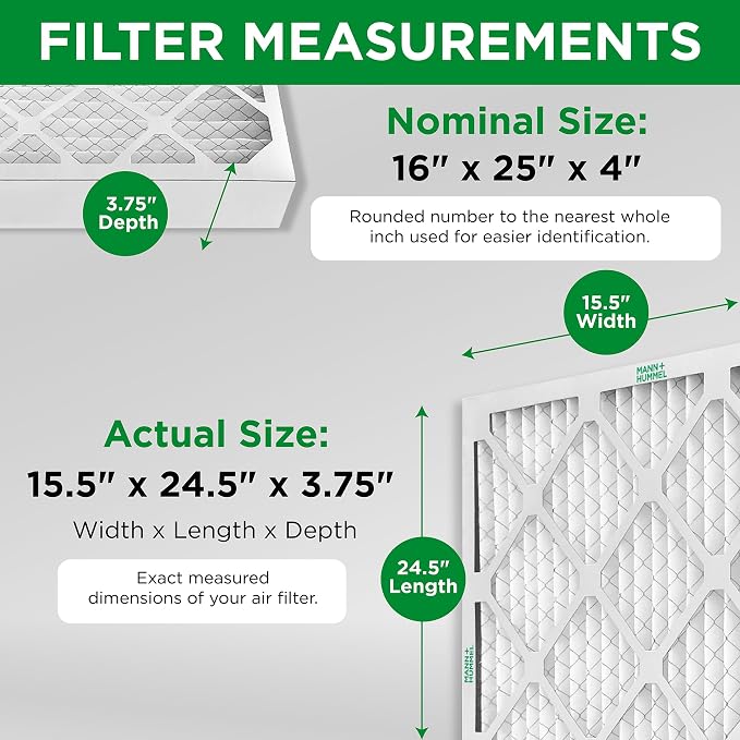 Mann+Hummel 16x25x4 MERV 8 Pleated HVAC AC Furnace Air Filters. 2 Pack.