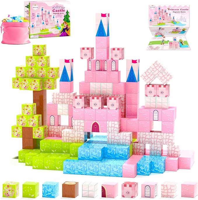 Updated Magnetic Blocks-Princess Castle, Creative Magnetic Building Blocks Toddler Toys, Birthday Gifts for Kids 3+ Years Old, STEM Montessori Sensory Toy for Boys & Girls Age 3-4 4-5 6-8